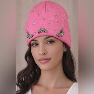 Hot Pink Rhinestone Butterfly Beanie Sparkly Women’s Knit Winter Hat